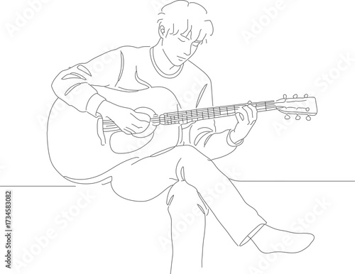 Simple Line Art of a Man Playing Acoustic Guitar Illustration