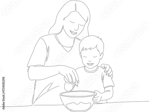 Lineart Loving Mother and Child Preparing Food Together Illustration