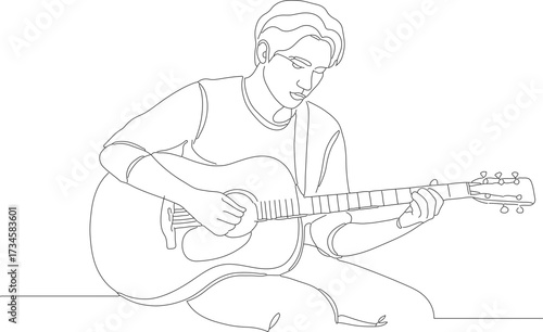 Outline Handdrawn Man Playing Acoustic Guitar Musical Instrument Illustration