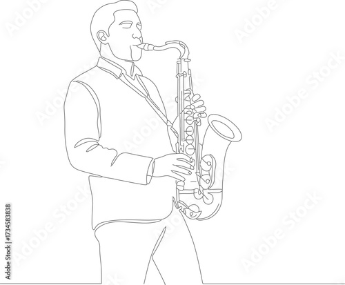 Outline Drawing Musician Playing Saxophone Performing Jazz Music Illustration