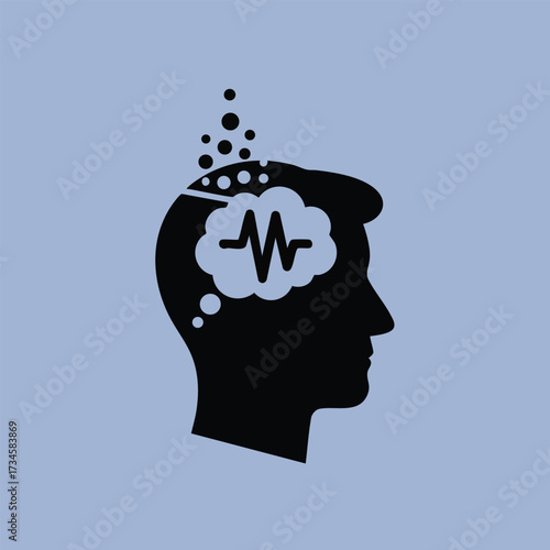 Silhouette of a human head with a cloud containing a heartbeat line and bubbles representing mental health and cognitive processes