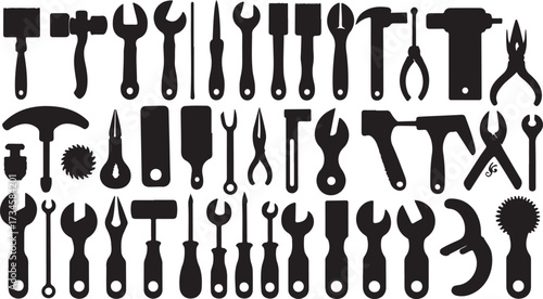 Assorted Silhouette Collection of Repair and Construction Hand Tools Featuring Wrenches Screwdrivers Pliers Hammers and More for DIY Projects