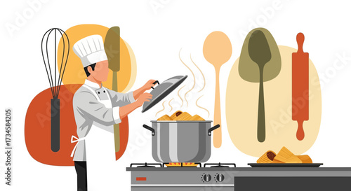 A Culinary Artist in Action: Cartoon Chef Cooking Pasta with Whisk and Spoons Around