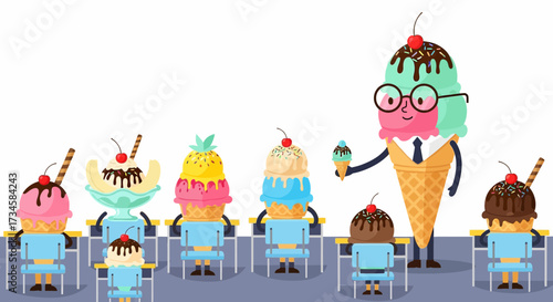 A delightful illustration of ice cream cones in a classroom setting with a teacher