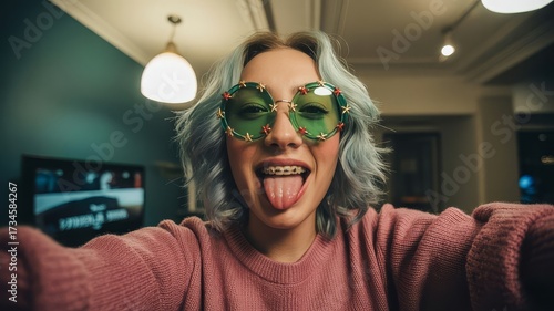 Playful holiday selfie with silver-gray haired subject in star-studded green festive shades and dusty rose sweater, tongue out
