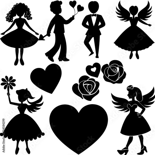 Valentine's Day Silhouette Vector,   Romantic Silhouette Vector,  Happy Valentine's day vector,  Valentines Day icon set, black silhouette style. Love, romance, wedding collection