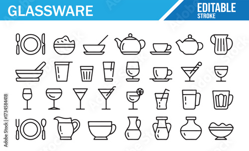 Classic Drinkware Symbols — Outline Style, Editable Stroke