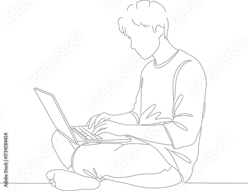 Minimalist Outline Young Adult Man Working on Laptop Illustration