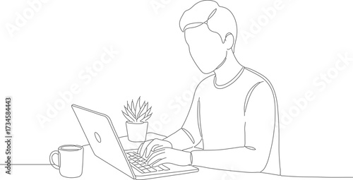 Outline Minimalist Style Man Using Laptop Computer at Workplace Illustration