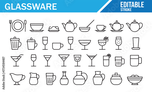 Beverage Vessel Icons — Wine, Cocktail, Beer & Tea Line Set