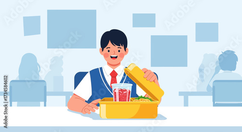A student is happily unpacking his lunchbox in a classroom environment during a meal break