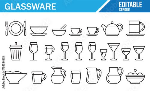 Tableware Outline Vectors — Clean Glassware Symbols Collection