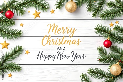 Merry Christmas and Happy New Year Greeting Card with Pine Branches illustration.