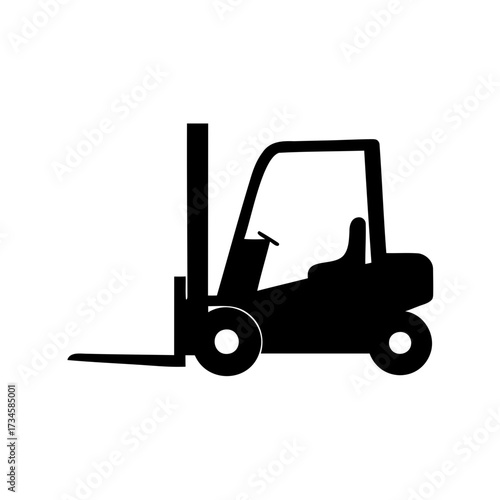 Simple black forklift illustration on a white background with industrial design