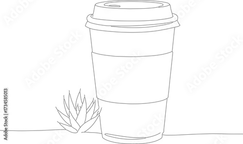 Minimalist Line Art Coffee Cup with Grass Beverage Illustration