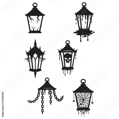 Halloween Haunted Lantern Silhouette Bundle Six Vector Elements