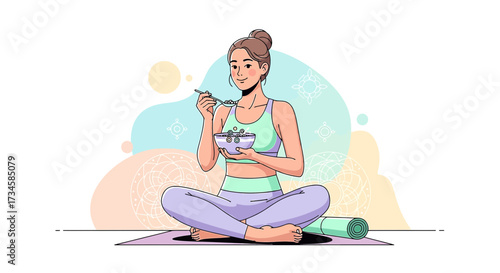 A young woman enjoying breakfast on a yoga mat, embodying wellness and healthy lifestyle choices