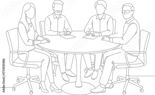 Outline Drawing Business Meeting Around Round Table Illustration Line Art