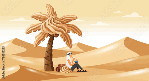Arabian desert scene featuring a man resting under a palm tree with creamy sand dunes