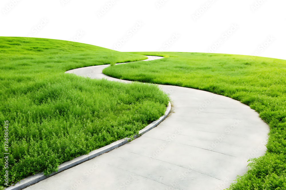 Obraz premium Winding asphalt path through green grass isolated on a transparent background