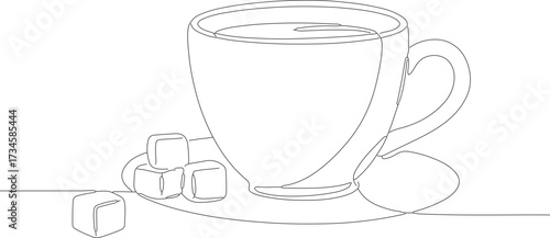 Single Line Art Coffee Cup with Sugar Cubes Beverage Still life