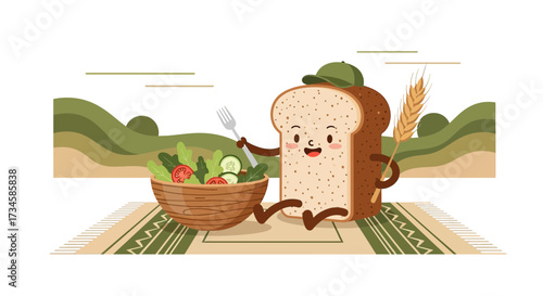 Cartoon bread character enjoying a healthy salad picnic in a scenic landscape illustration