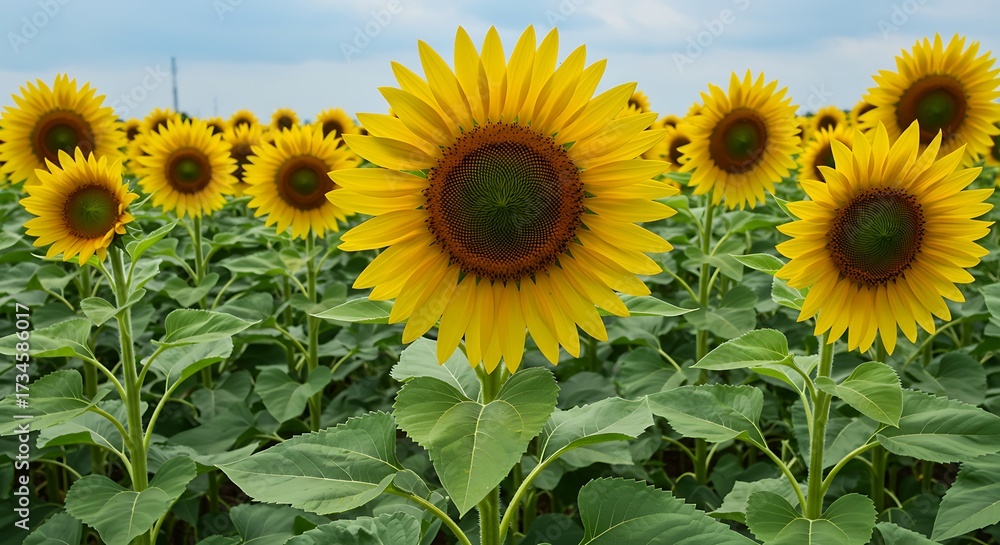 Fototapeta premium Field of vibrant sunflowers under a cloudy sky summer landscape view