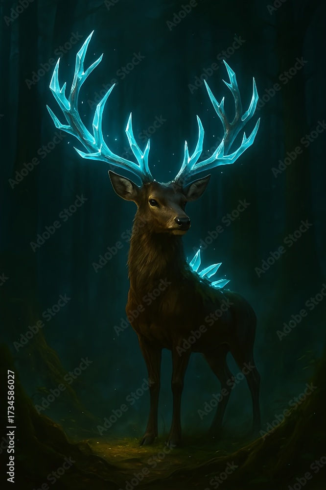 Fototapeta premium Crystal antler stag glowing in mystical forest with ethereal light