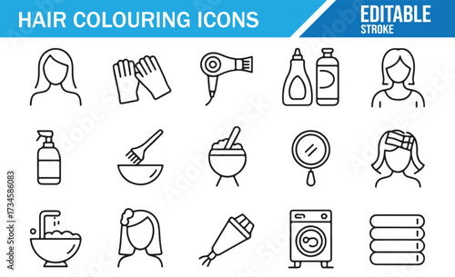 Hair Colouring Line Icons — Brush, Bowl, Gloves, Bottles, Foil & Dryer Set