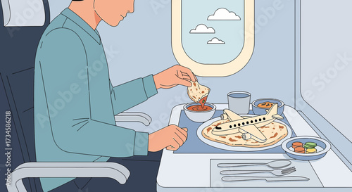 Cartoon depiction of a passenger enjoying a meal with an airplane-shaped dish during flight