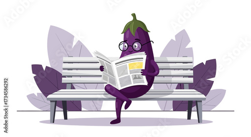Cartoon eggplant reading a newspaper on a bench, whimsical illustration with a fresh take on news
