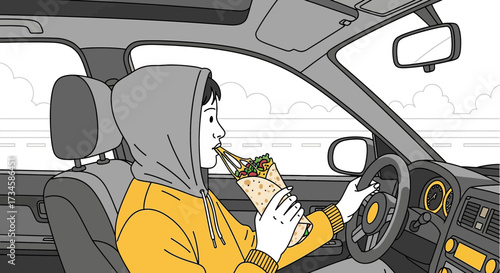 Cartoon illustration depicting a driver eating a wrap while driving a car responsibly
