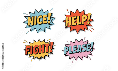 Comic Book Words Speech Bubble Set, Nice Help Fight Please Text Vector Design.