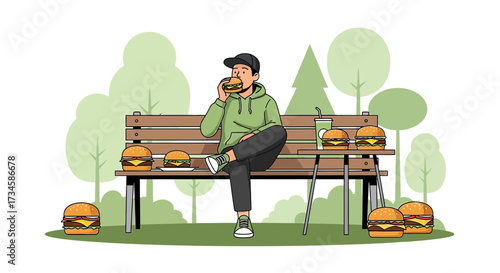 Cartoon illustration of a man enjoying burgers on a park bench with soft drink in hand