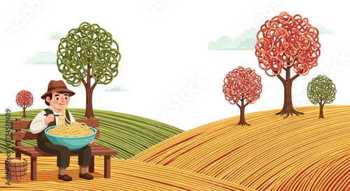 Cartoon illustration of a man enjoying a large bowl of spaghetti in a whimsical landscape