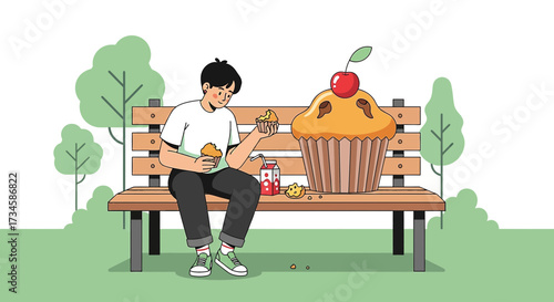 Cartoon illustration of a young man enjoying cupcakes on a park bench with giant cupcake