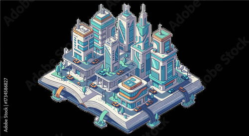 Digital artwork illustrating a vibrant, future-ready city emerging from an open book, embodying the power of learning as the cornerstone of innovation