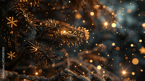Golden Snowflakes, Frosted Pines, and Glowing Decorations Welcoming a Merry Christmas and a Joyful New Year. Happy new year