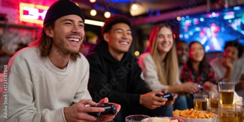 Group of diverse friends enjoying video games together in a lively gaming lounge, surrounded by snacks and drinks, showcasing a fun and engaging social atmosphere