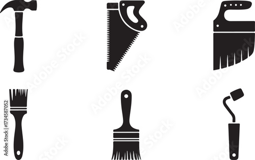 Construction Tools Silhouette Assortment Home Improvement and Renovation Set Icon Collection Carpentry Equipment Painting Supplies Hand Tools