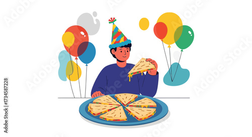 Celebrating Birthday with Quesadillas and Balloons: A Festive Cartoon Illustration