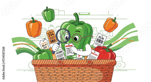 Cartoon vegetable character checking prices, showcasing food costs and comparison shopping concept