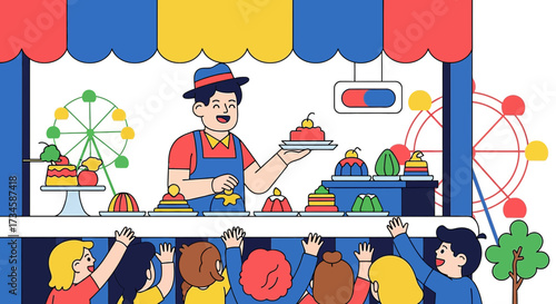 Charming carnival scene featuring a vendor selling sweets with a ferris wheel background