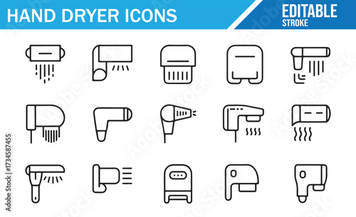 Hygiene Bathroom Icons — Air Jet Dryer Outline Collection