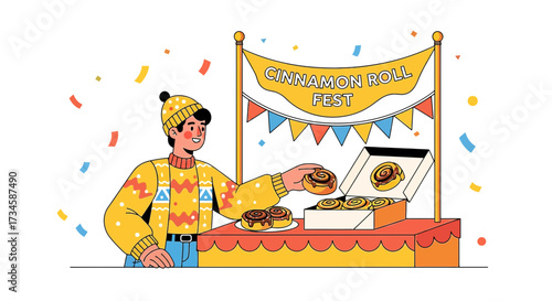Charming illustration depicting a cinnamon roll festival with a vendor and sweet treats