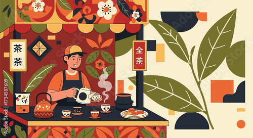 Charming illustration of a tea vendor serving tea with intricate floral and geometric design