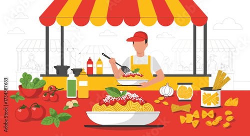 Charming italian restaurant illustration with vibrant colors and delicious pasta dishes perfect