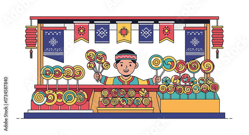 Cheerful candy vendor in traditional attire amidst colorful lollipops at a market stall