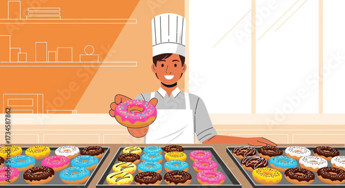 Cheerful baker presenting a delicious doughnut selection in a bright setting illustration
