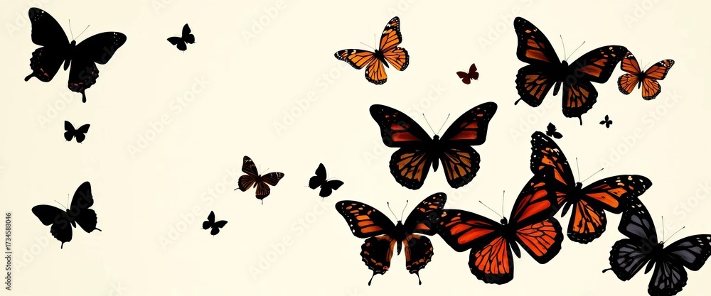 Fototapeta premium Intricate silhouettes of various butterfly species against a plain background, colorful, beauty